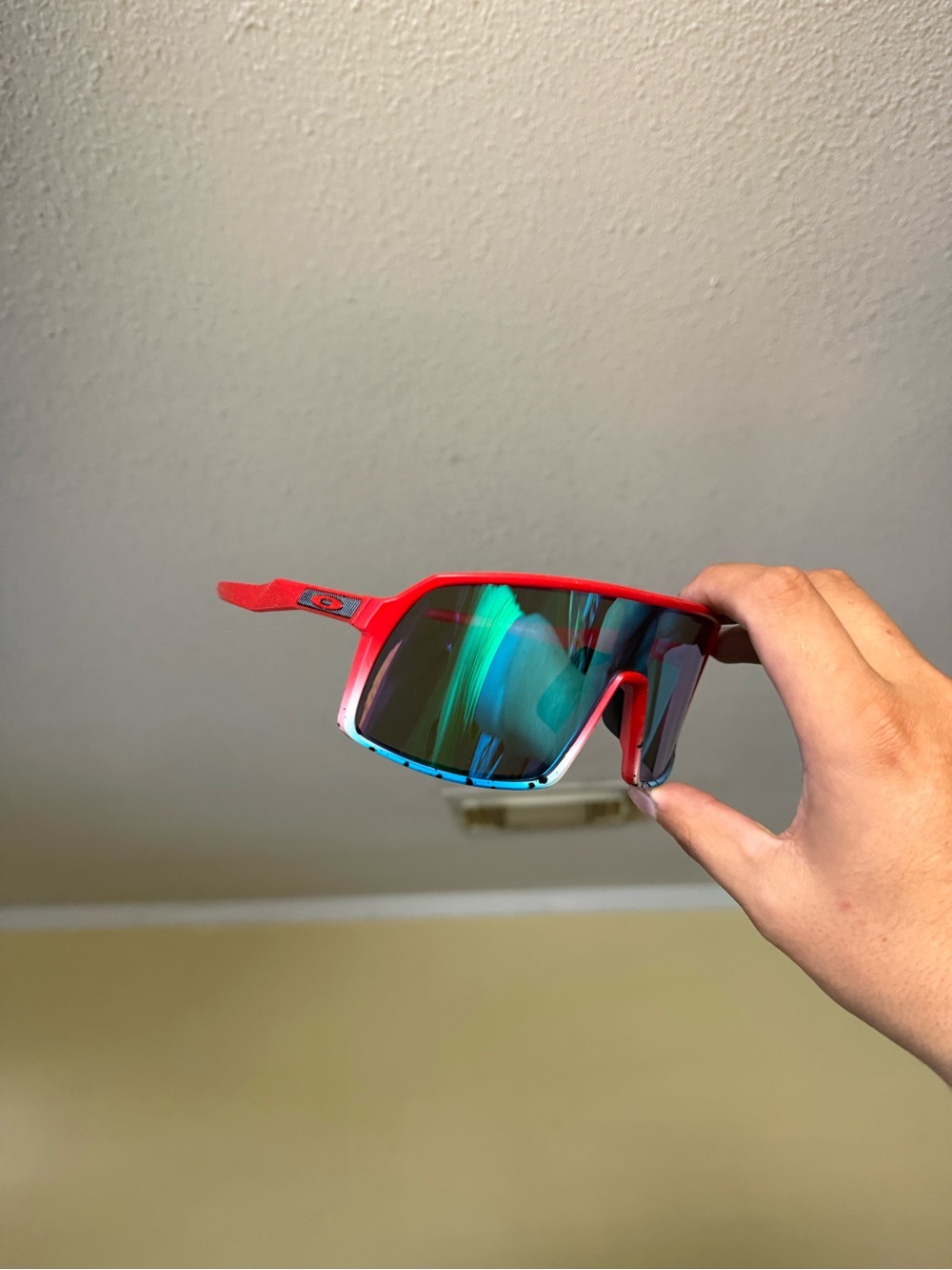 Red Performance Shield Sunglasses with Blue-Green Mirrored Lens o sunglasses